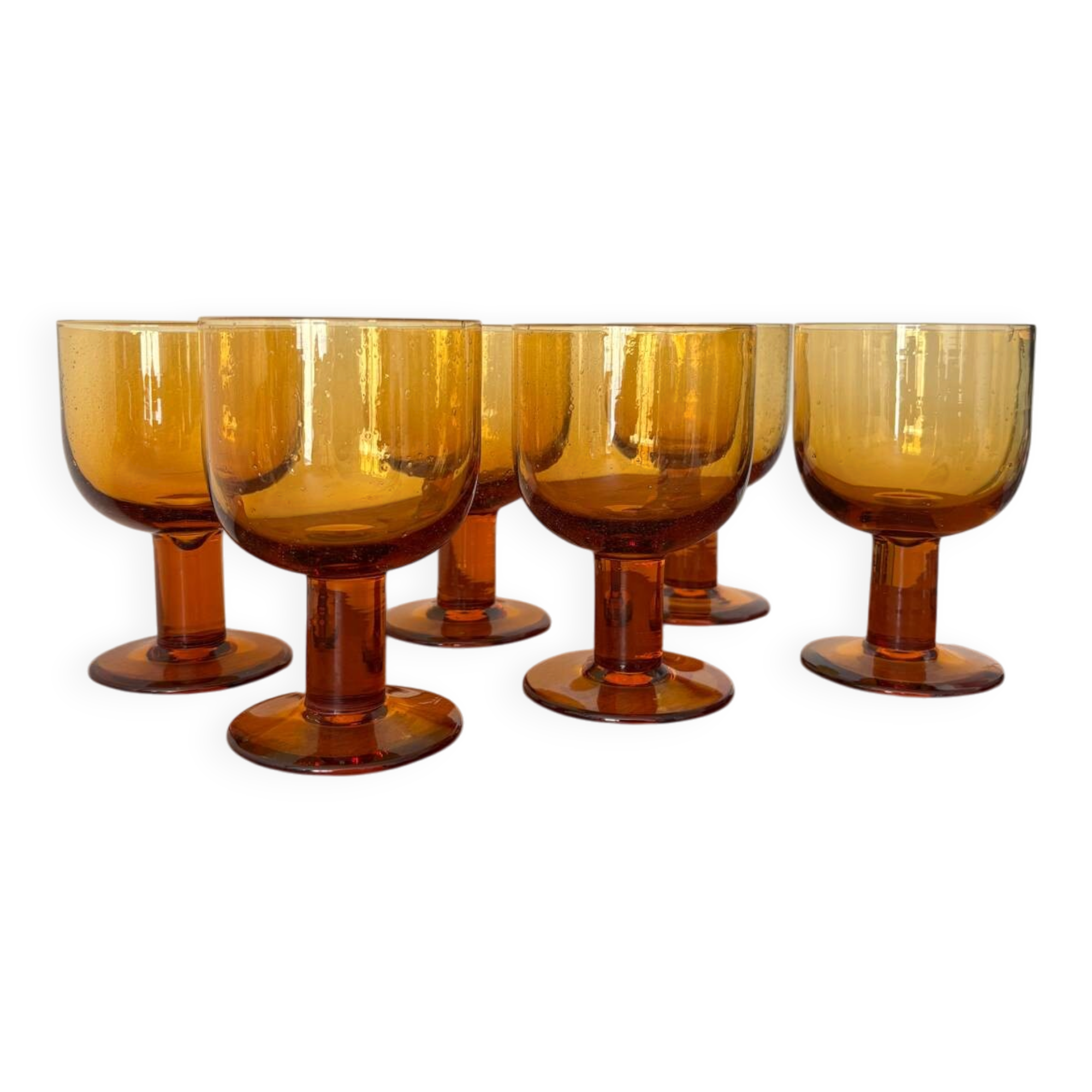 Set of 6 vintage stemmed glasses in smoked bubble glass – Amber glasses ann