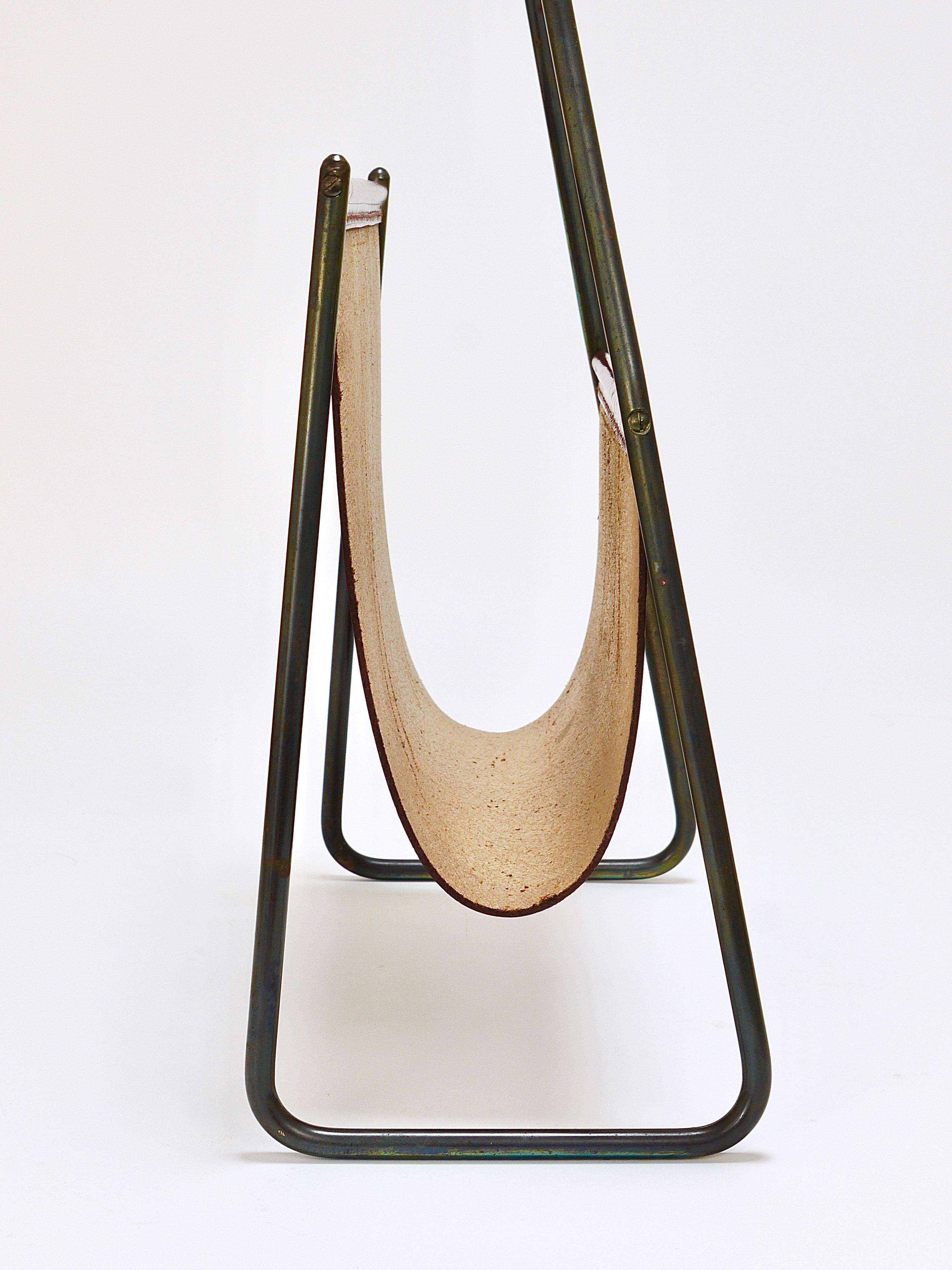 Carl Auböck II Magazine rack Midcentury, brass and brown leather, vintage, Austria