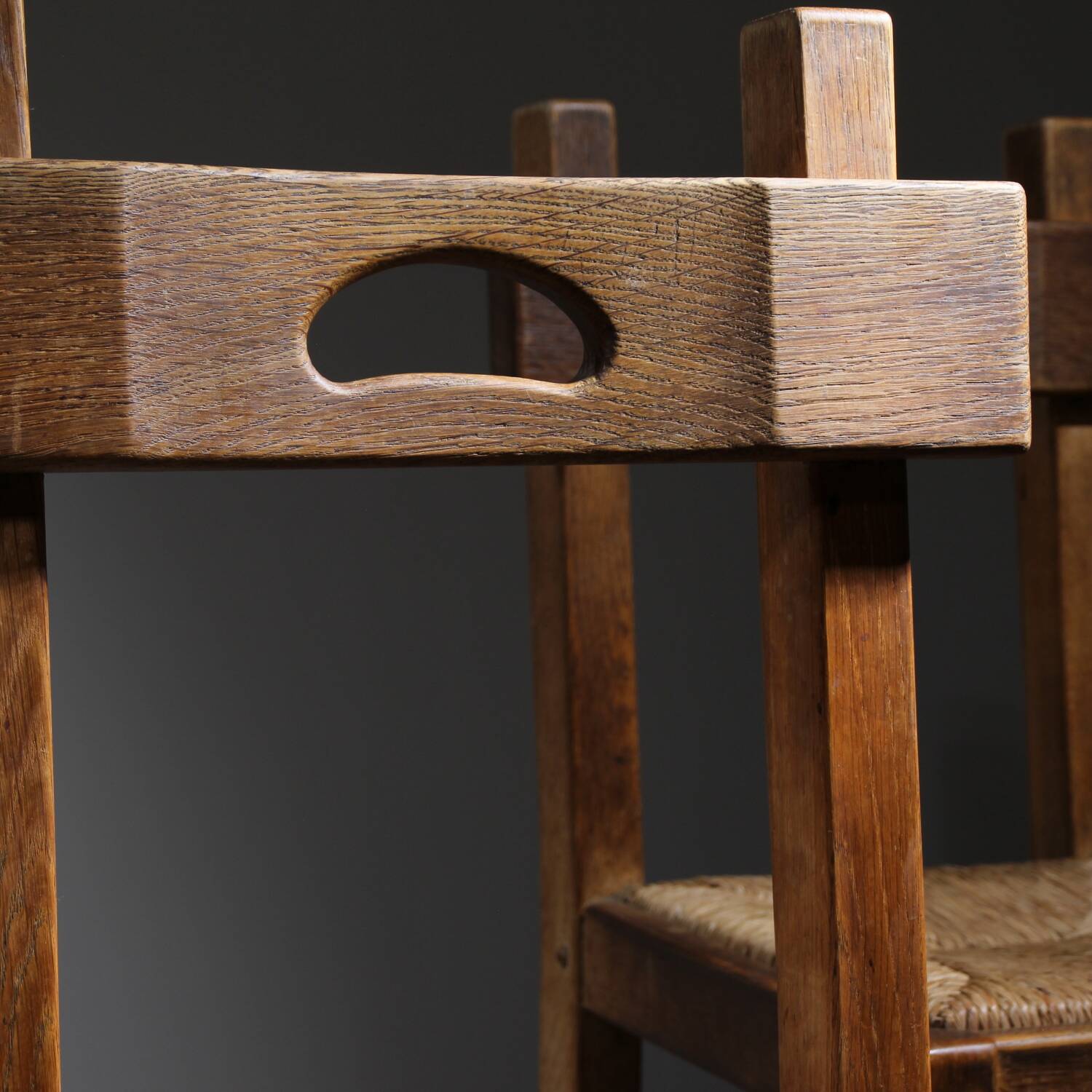 Brutalist Pair of Oak & Rush Chairs | Europe 1960s