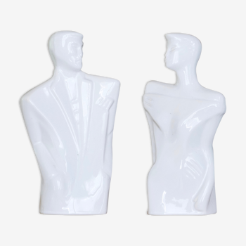 Paire de bustes en céramique, homme et femme, années 80