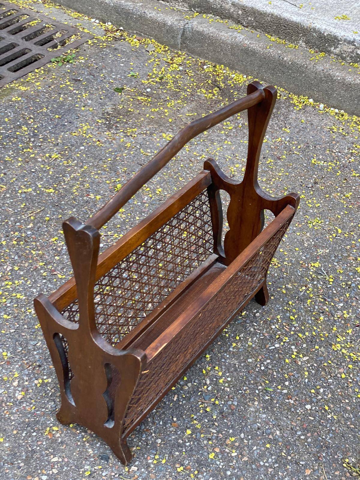 Vintage magazine rack, solid wood and cane document holder.