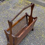 Vintage magazine rack, solid wood and cane document holder.