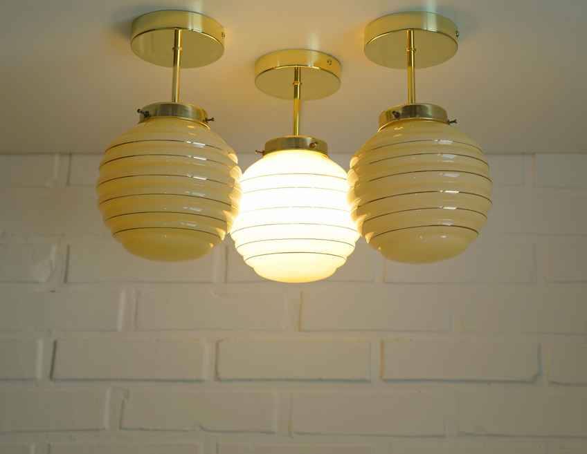 Set Of 3 Art Deco Semi Flush Ceiling Lights | 1940s Beige Hand Blown Glass