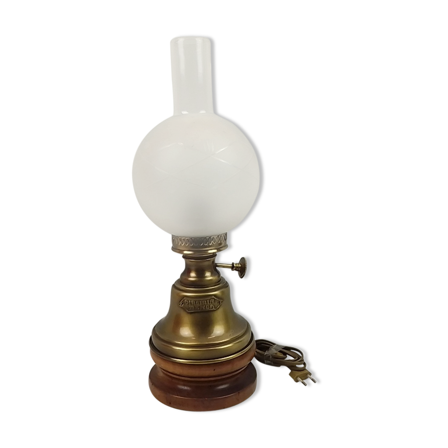 Virginia Beach wooden lamp, brass and glass lampshade