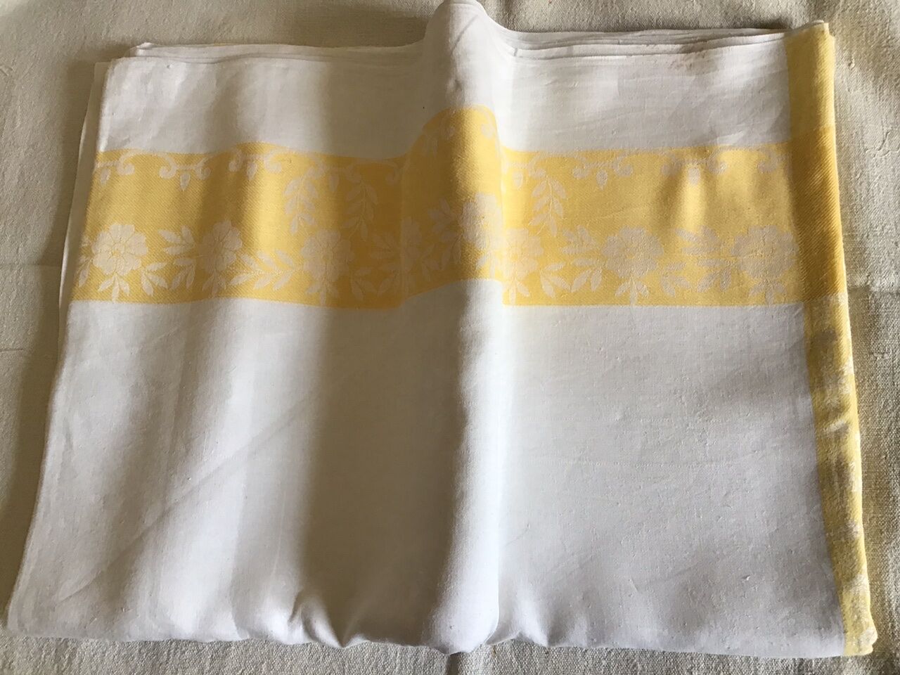 Large yellow and white vintage tablecloth