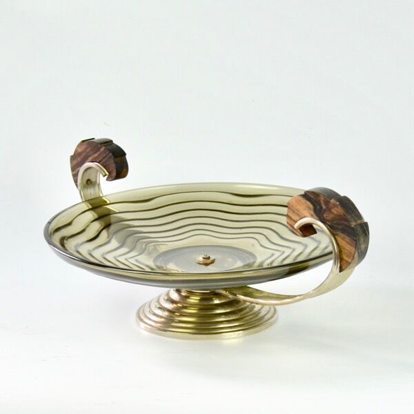 Art deco glass in metal and rosewood 1930 fruit bowl