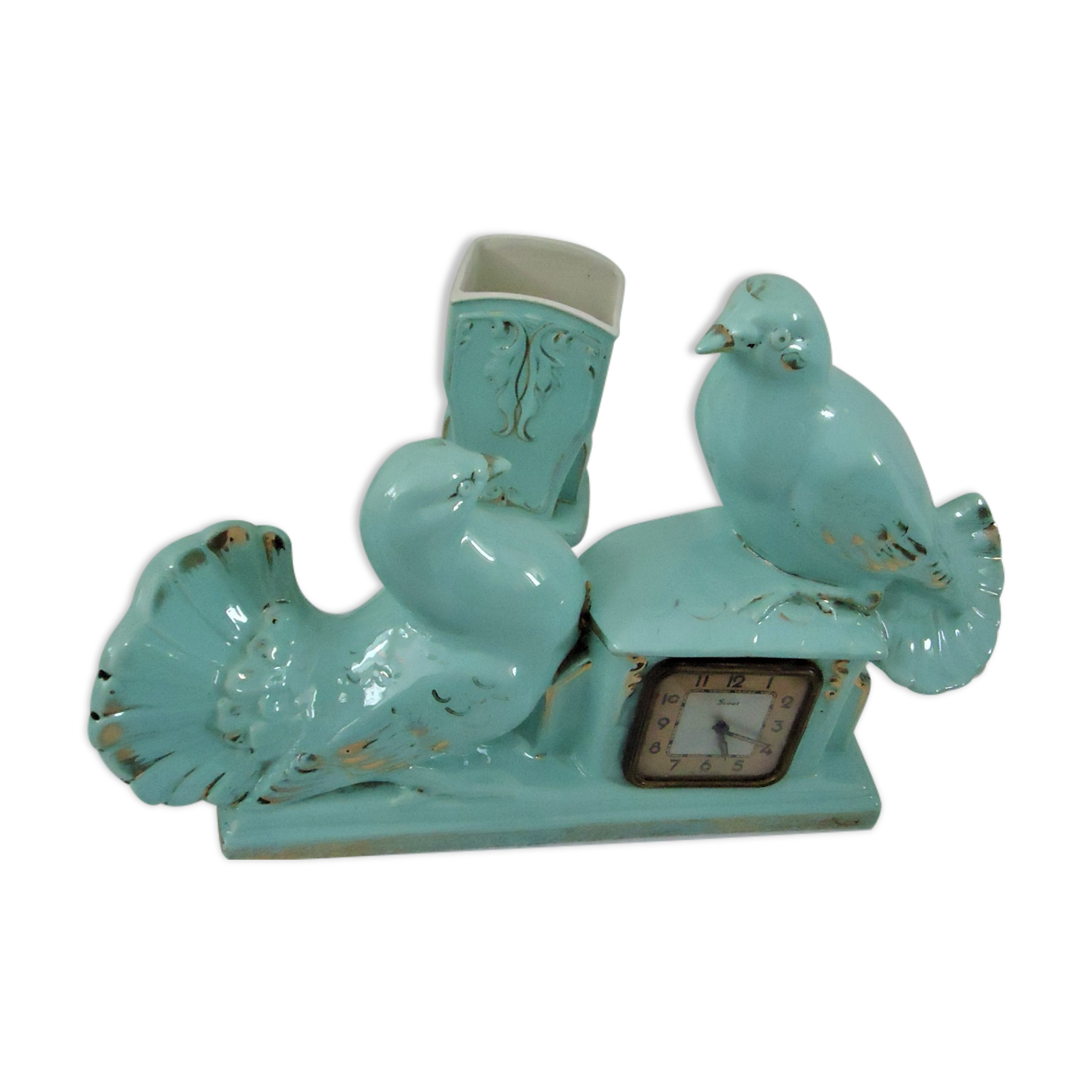 Clock doves color green blue and its vase 50s