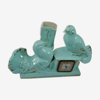 Clock doves color green blue and its vase 50s
