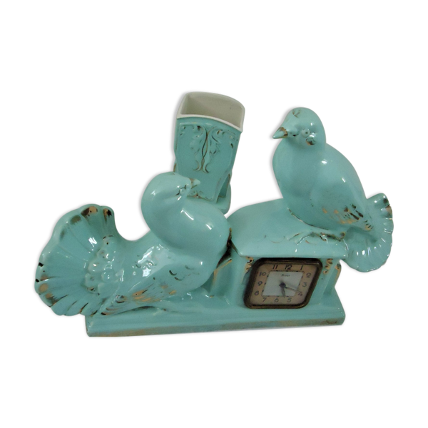 Horloge colombes coloris vert bleu et son vase années 50 — Beyit