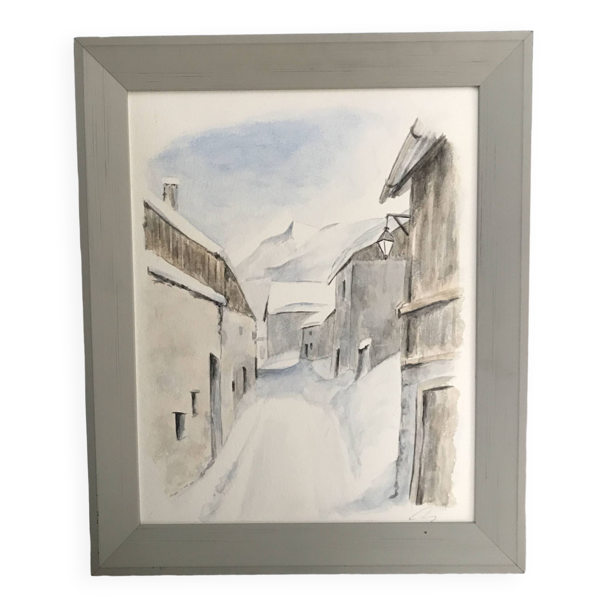 Aquarelle ruelle village montage enneigée