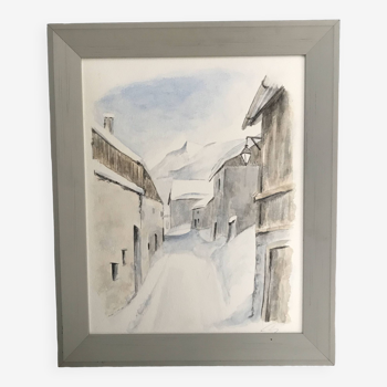 Watercolor village alley snowy montage