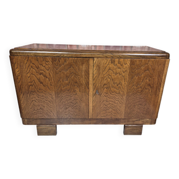 Commode basse en chêne Art Déco restaurée, console TV des années 1940.