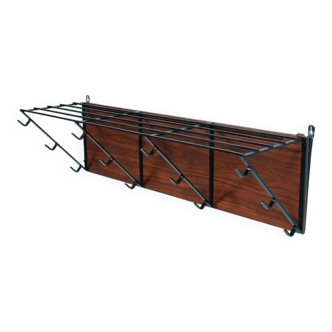 Vintage coat rack in teak and black metal, mid-century style.