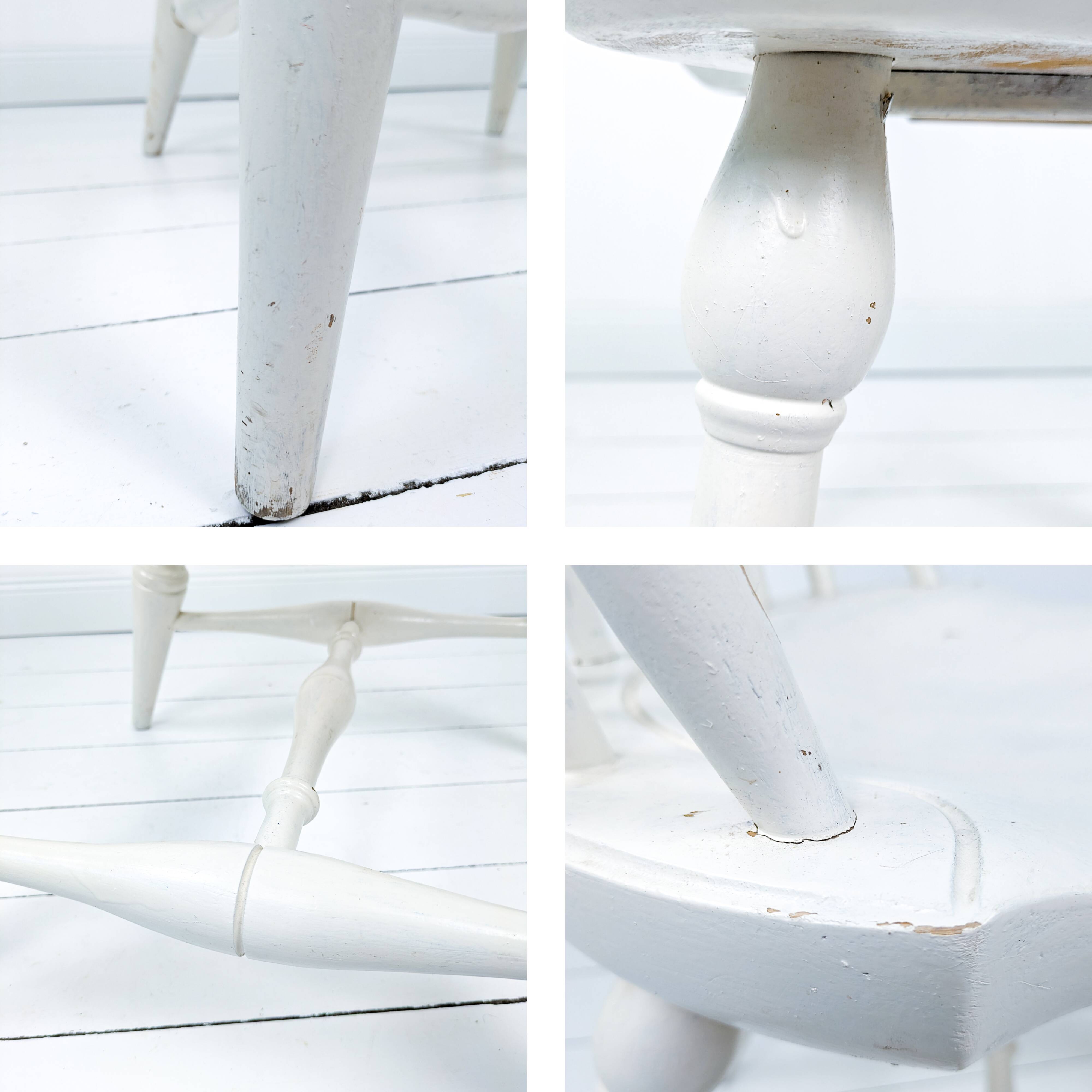 Chaise vintage en bois blanc avec dossier à barreaux, style maison de campagne