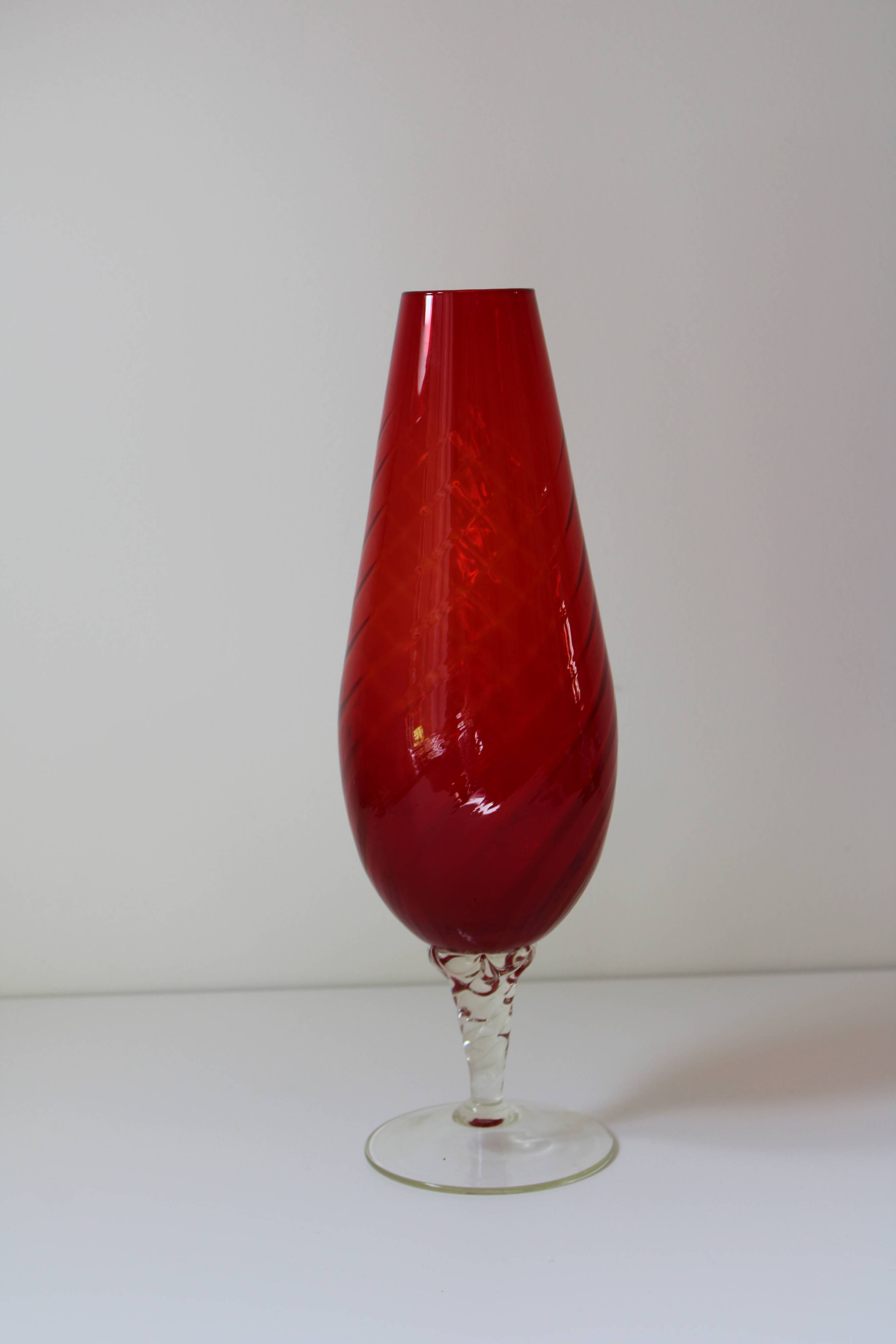 Large vintage twisted red glass vase