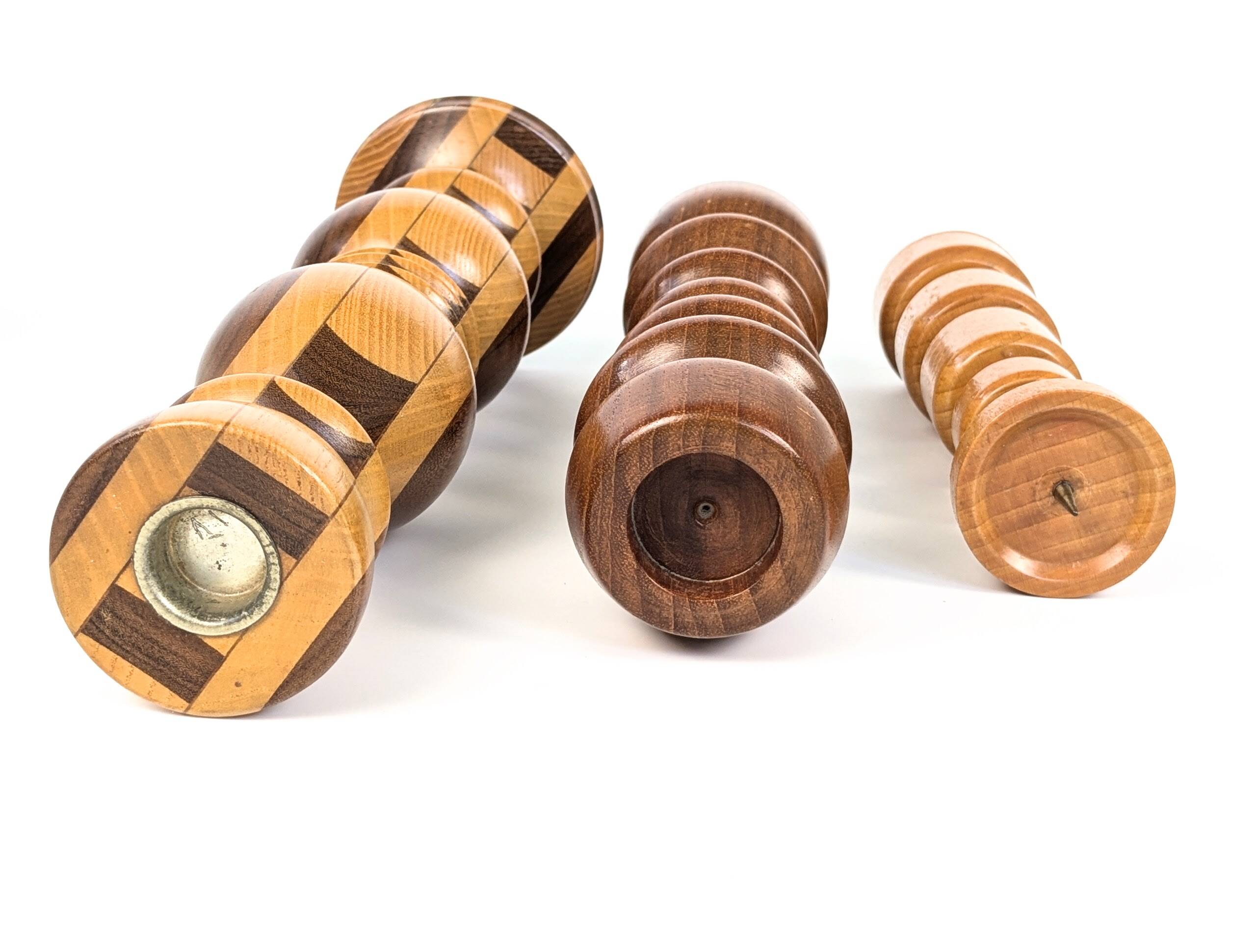 Set of 3 vintage candlesticks | Turned wood | Midcentury