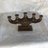 Artisanal candlestick in hand-painted solid wood, Scandinavian origin, folk art