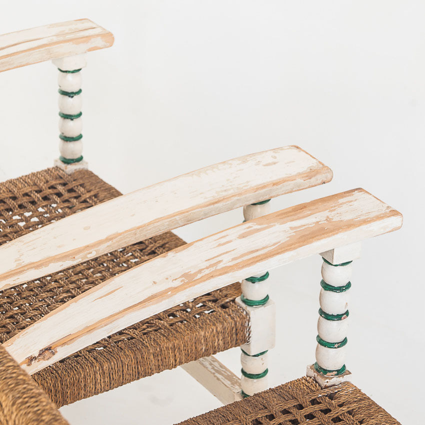 Set of vintage wooden and woven rope armchairs with a matching table. Spain, 1960s.