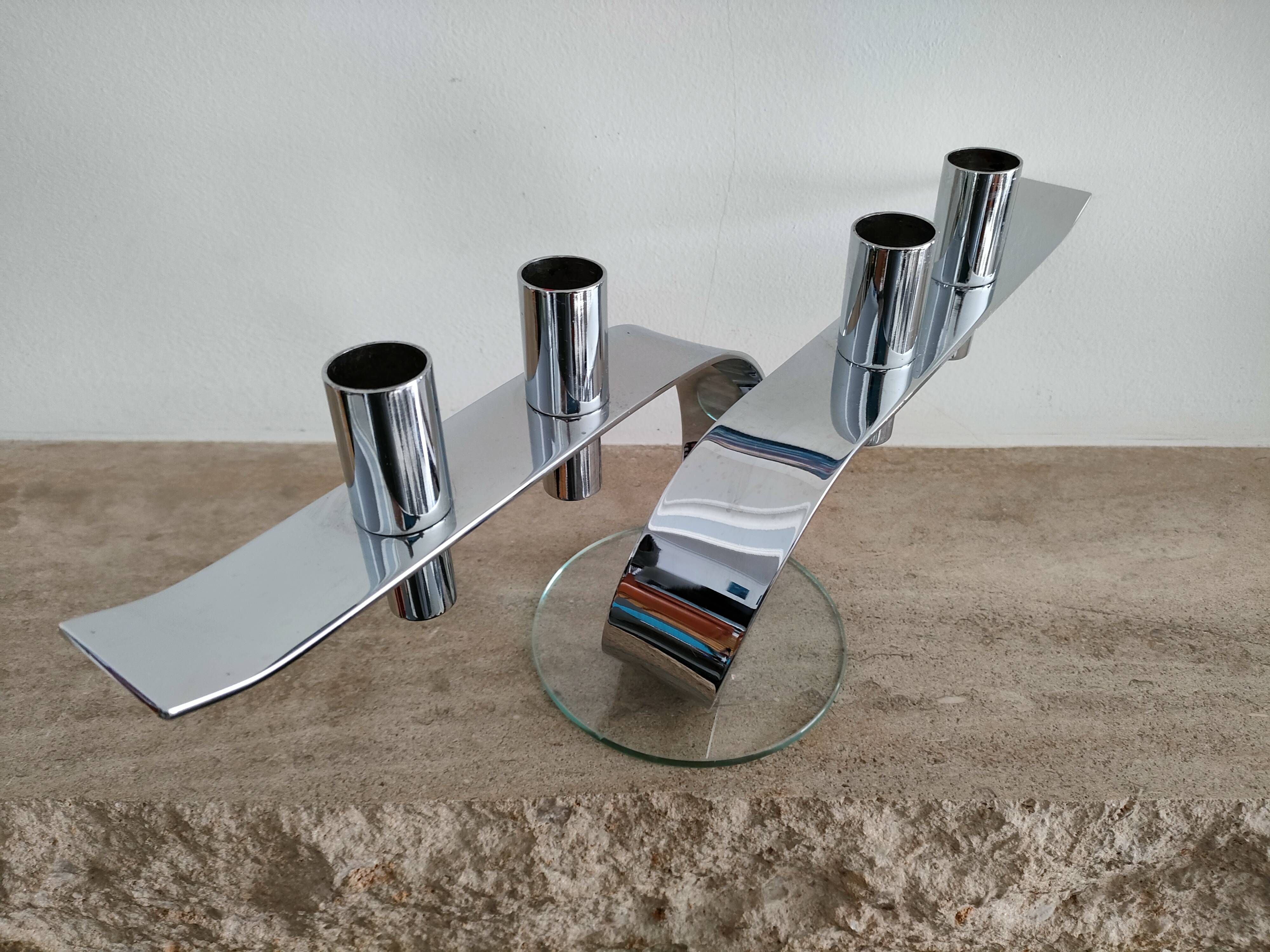 Design horizontal candlestick in chrome metal - four candles - France - 1980s