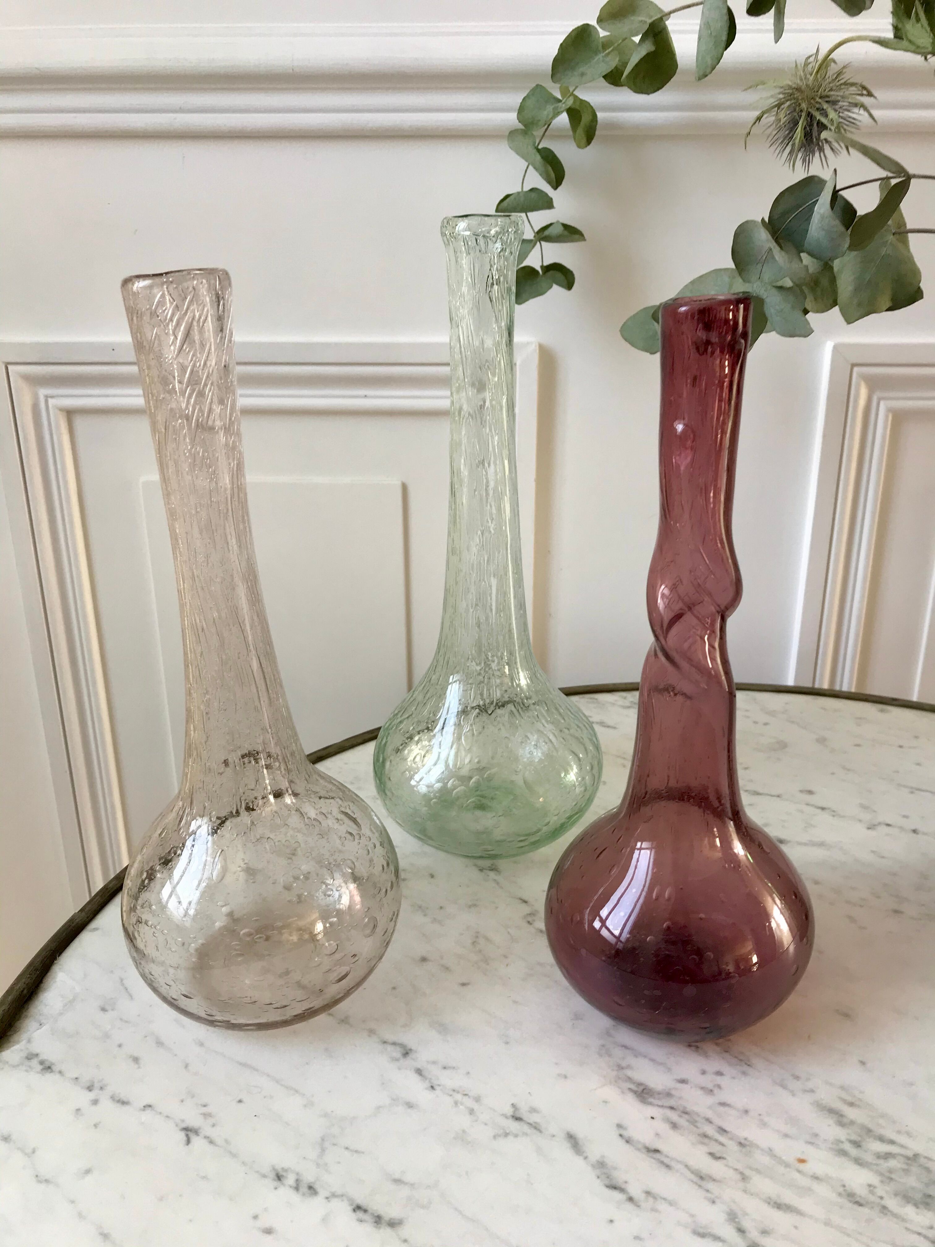 trio of Biot bubbled glass vases signed green 60s-70s