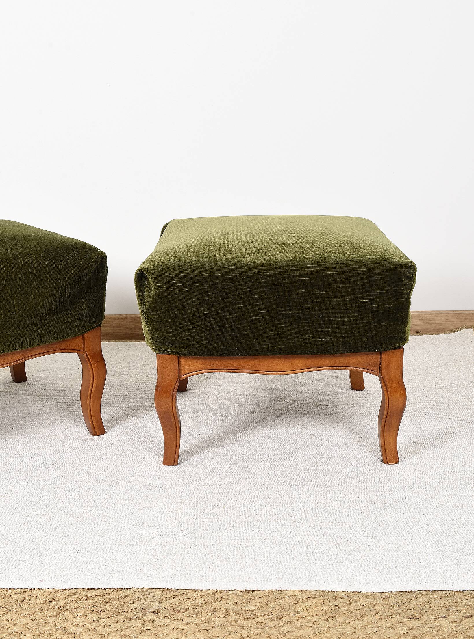 Pair of Pouf, Footrest, in green velvet