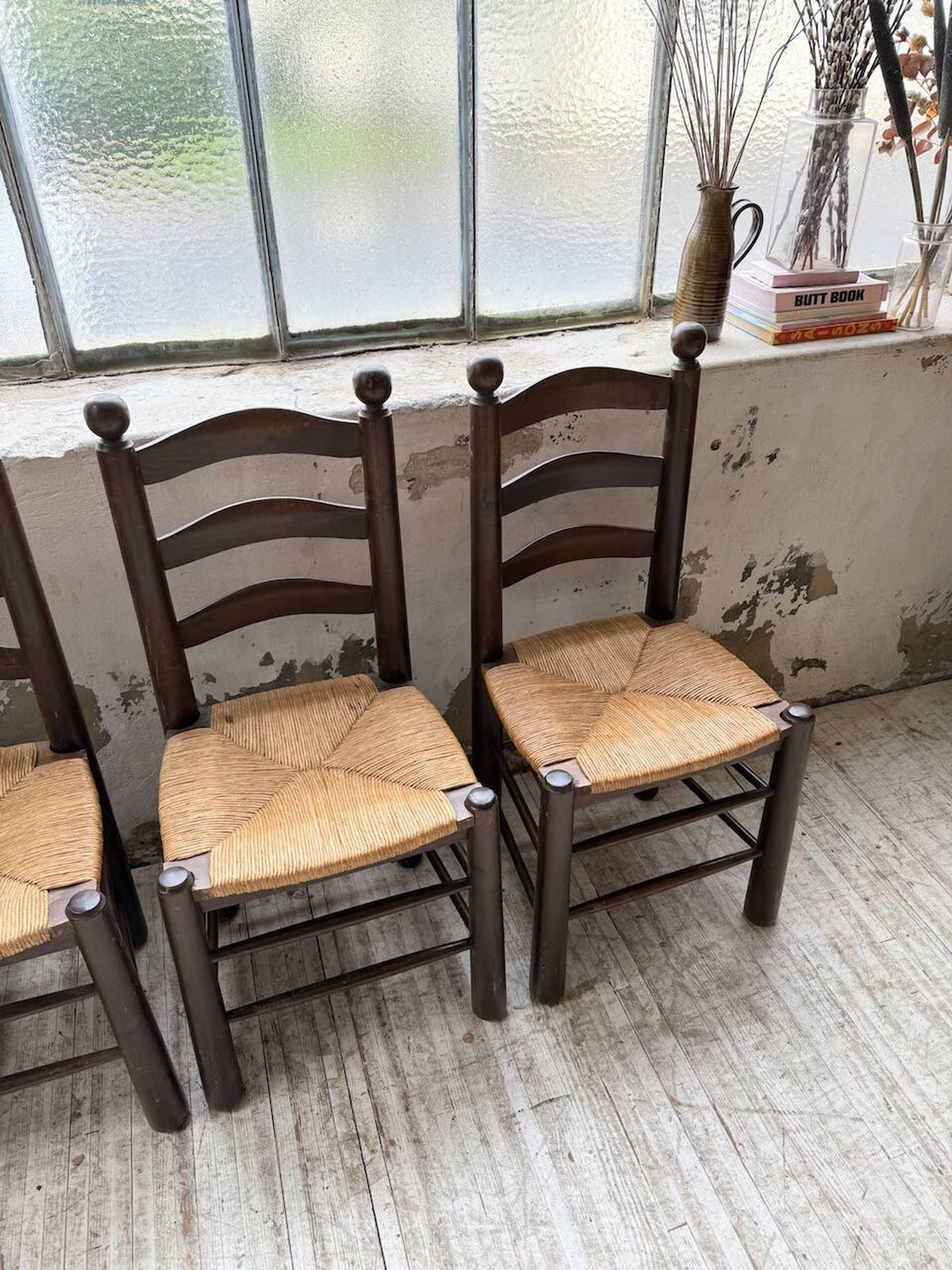 Straw chairs oak 1940s Dudouyt