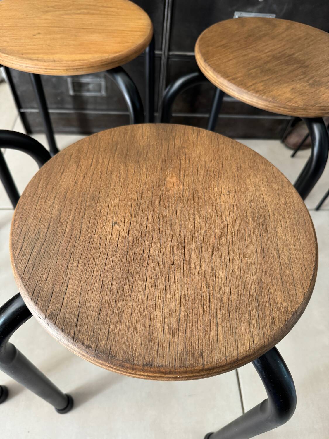 Series of 4 metal and wood school stools