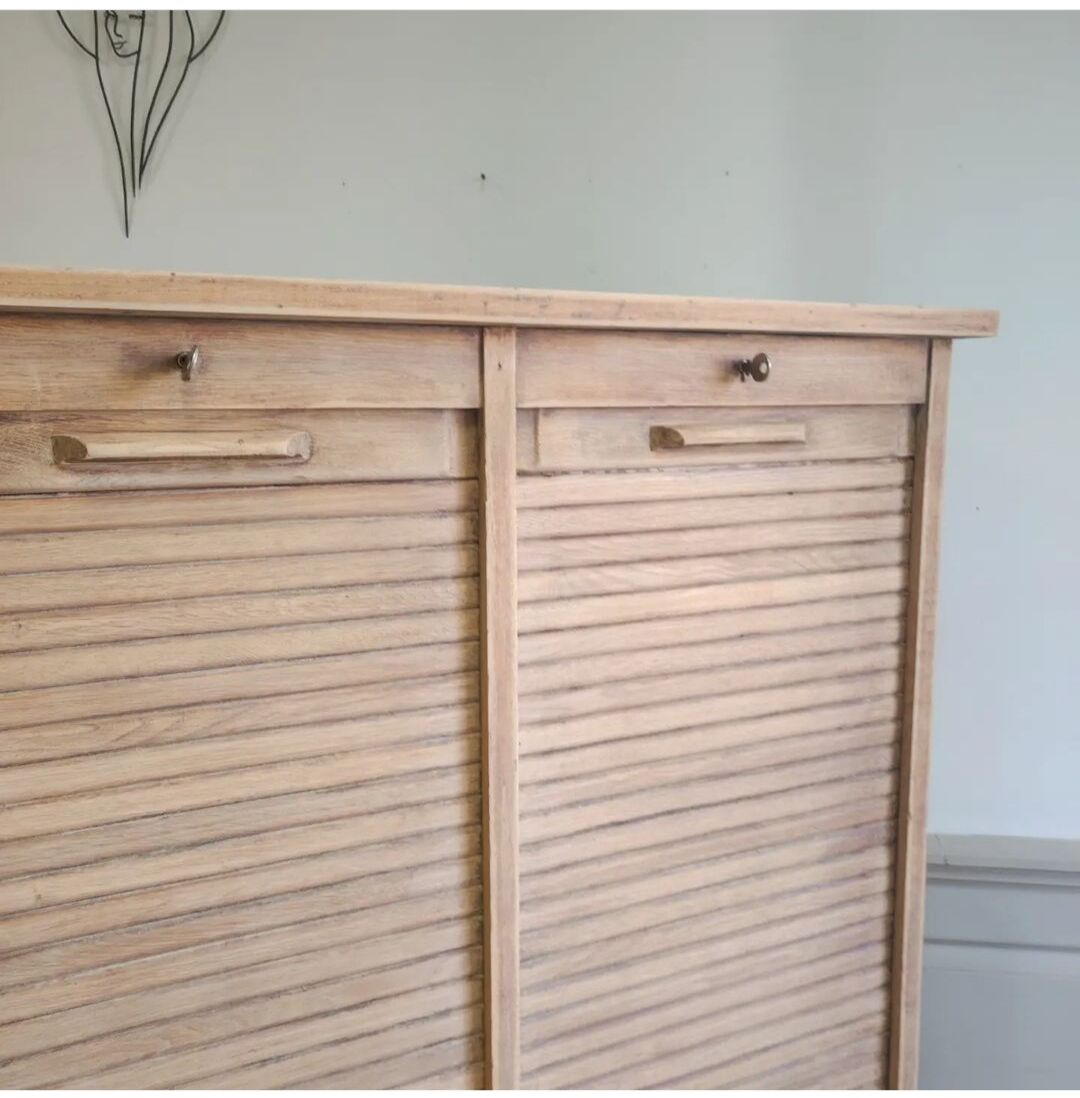 Antique furniture with double curtains sanded to white