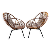 Paire de fauteuils en rotin, pieds métal CIRCA 1950