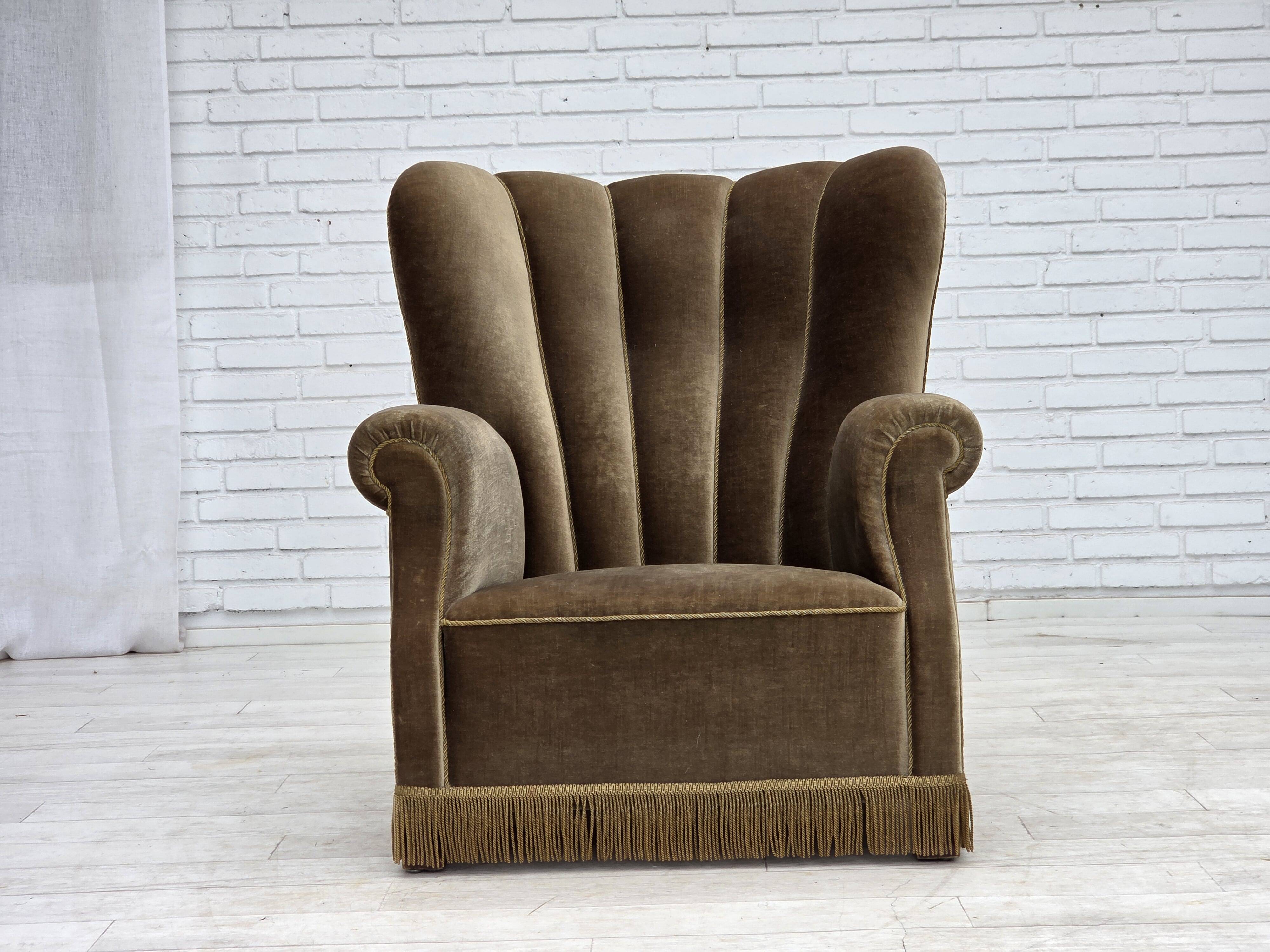 1960s, Danish relax armchair, dark green furniture velour, ash wood.