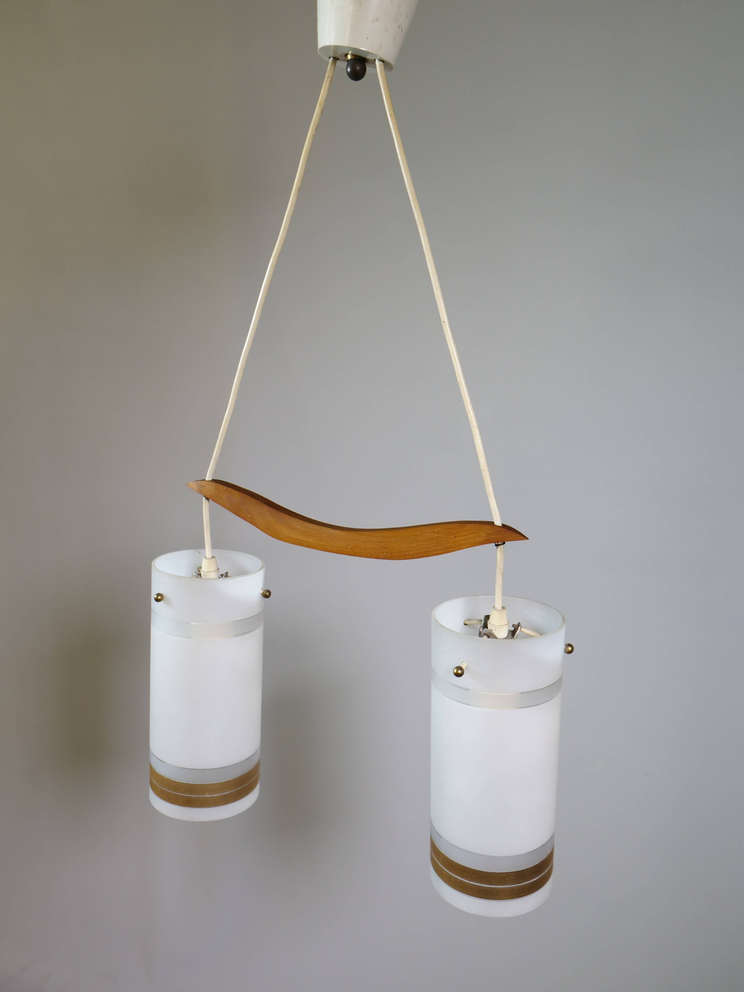 Mid-Century Teak and Opaline Glass Pendant Lamp, 1960s