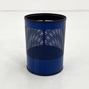 Blue perforated metal bin, 1980