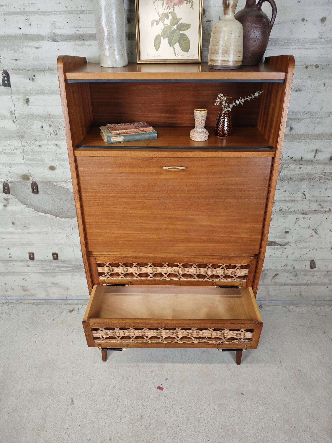 Vintage wooden and rattan secretary