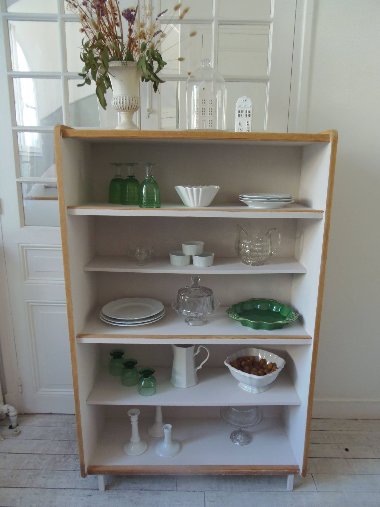 Vintage oak veneer bookcase, pearl gray interior, metal legs