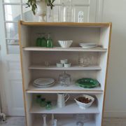 Vintage oak veneer bookcase, pearl gray interior, metal legs