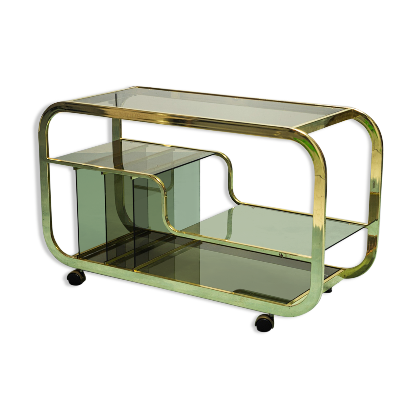 Bar cart in gilded metal smoked 70s glass vintage