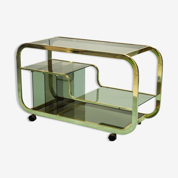 Bar cart in gilded metal smoked 70s glass vintage