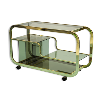 Bar cart in gilded metal smoked 70s glass vintage