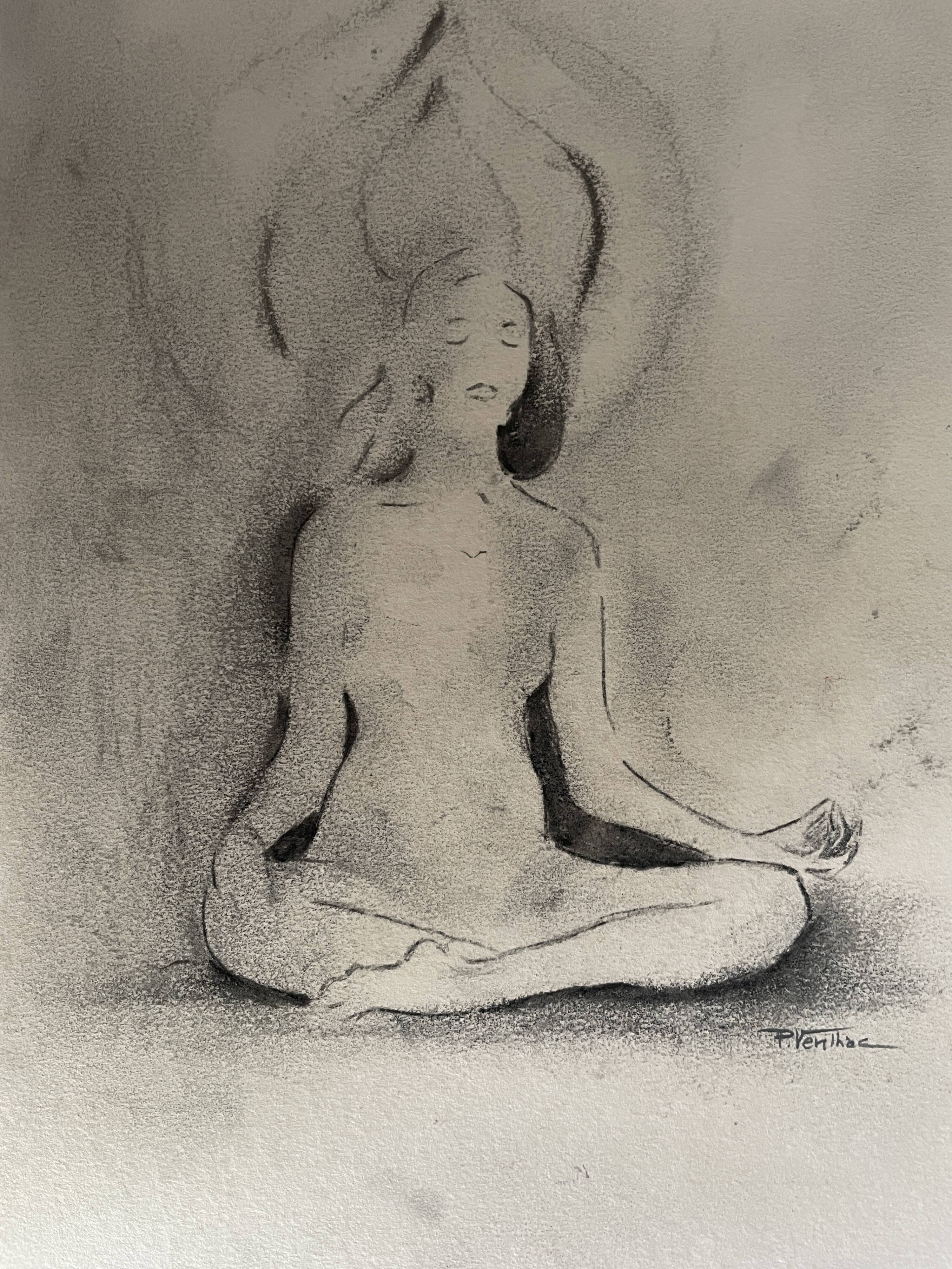 Painting signed charcoal woman buddha zen attitude