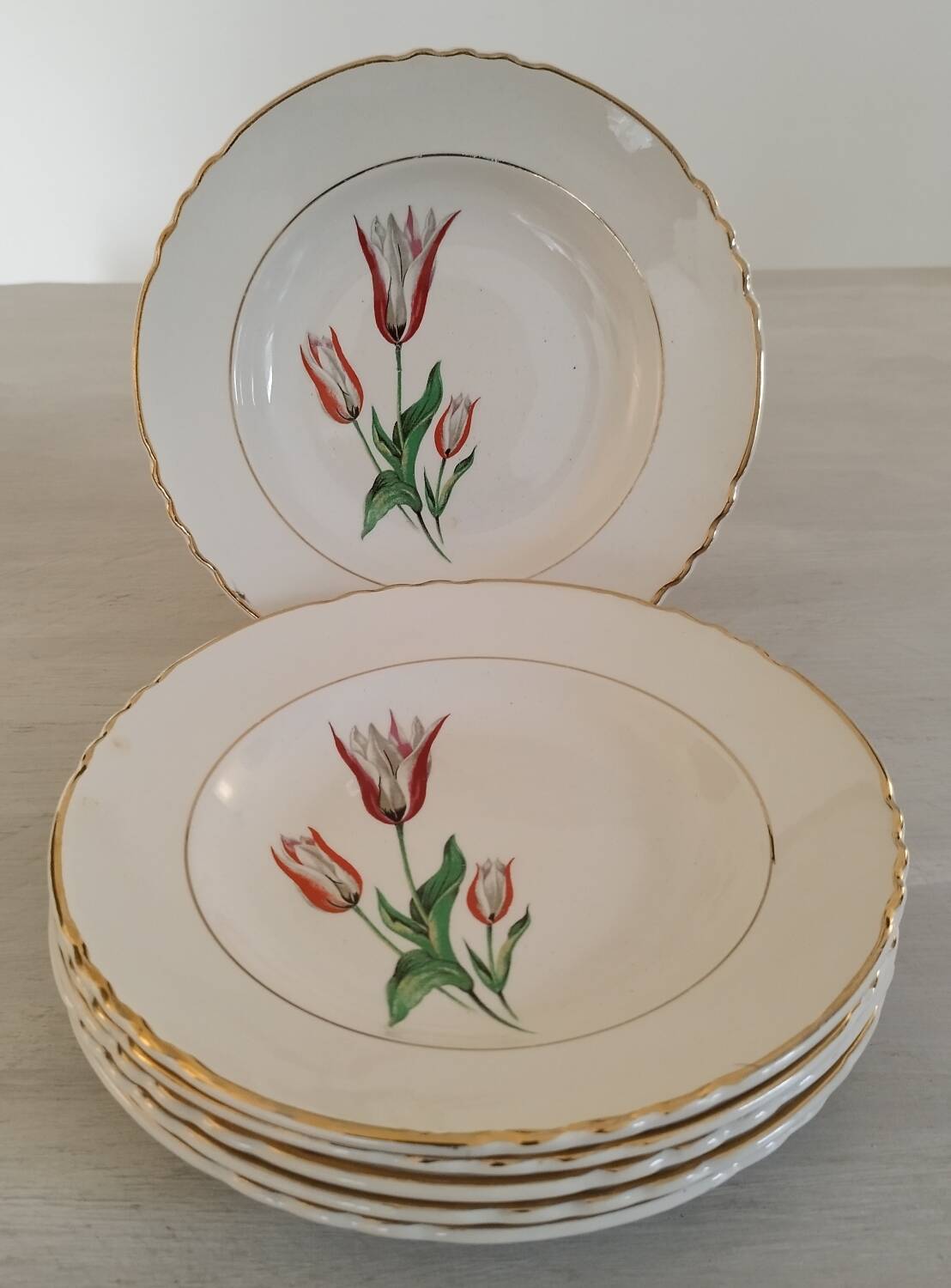 Old earthenware hollow plates Moulin des loups Orchies vintage tulip model