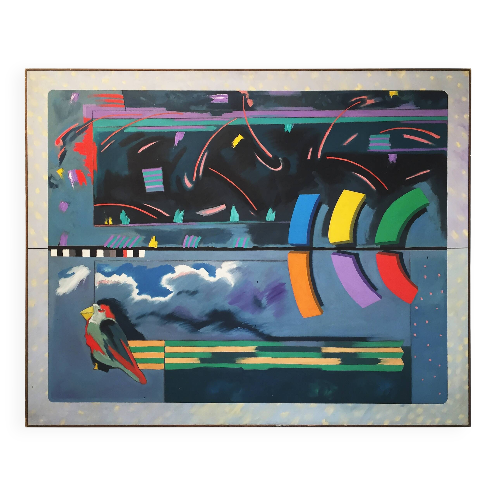Richard Frank 'Wise Bird Strategy' Painting, Oil On Canvas 1980 Exotic Postmodern Miami
