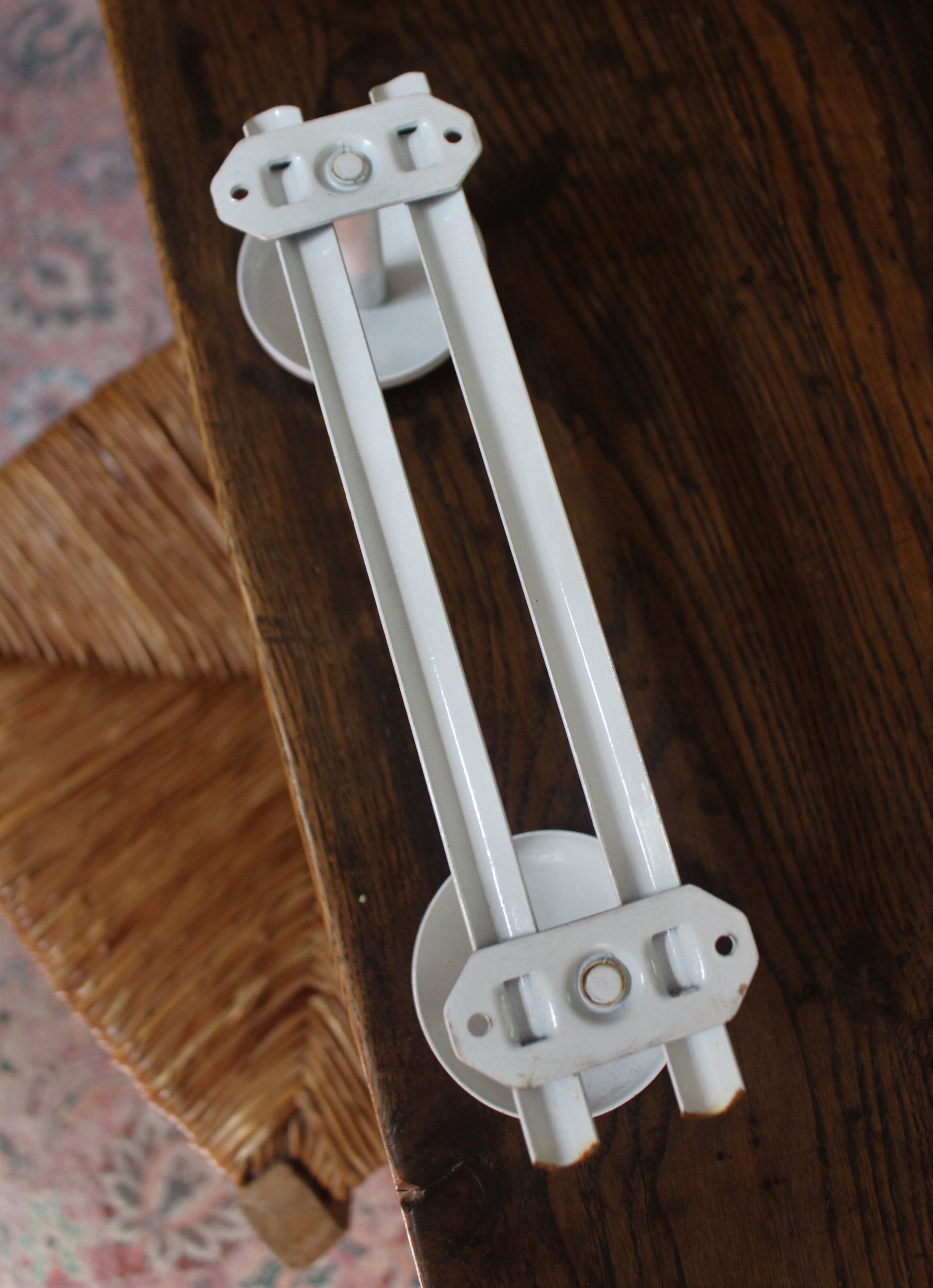 Vintage white metal coat rack with 2 hooks