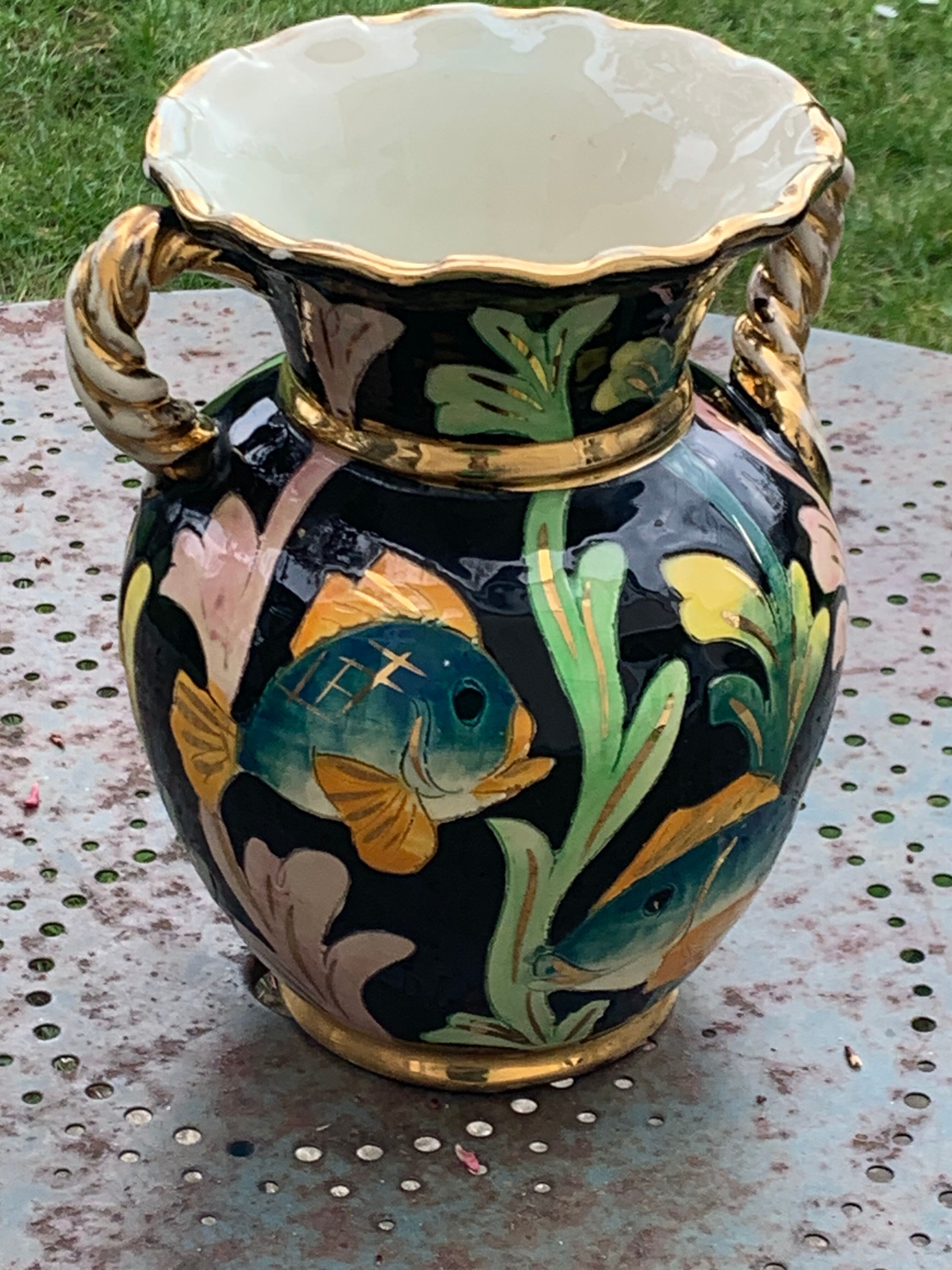 Amphora vase in glazed ceramic vintage vallauris fish motifs