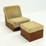 Vintage mid-century beige armchair with wooden frame and ottoman