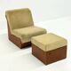 Vintage mid-century beige armchair with wooden frame and ottoman