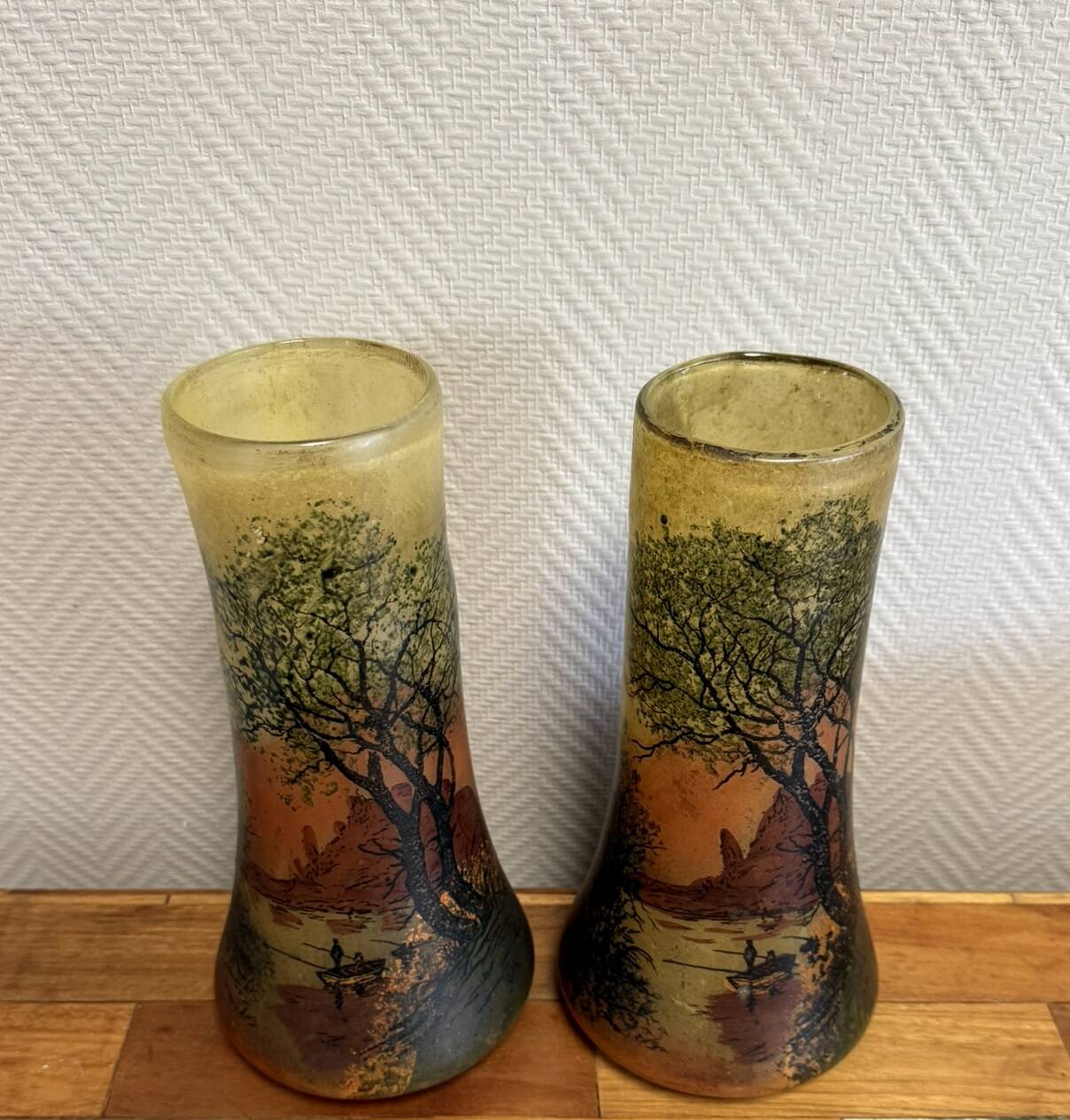 According to Legras: Pair of stained glass roller vases