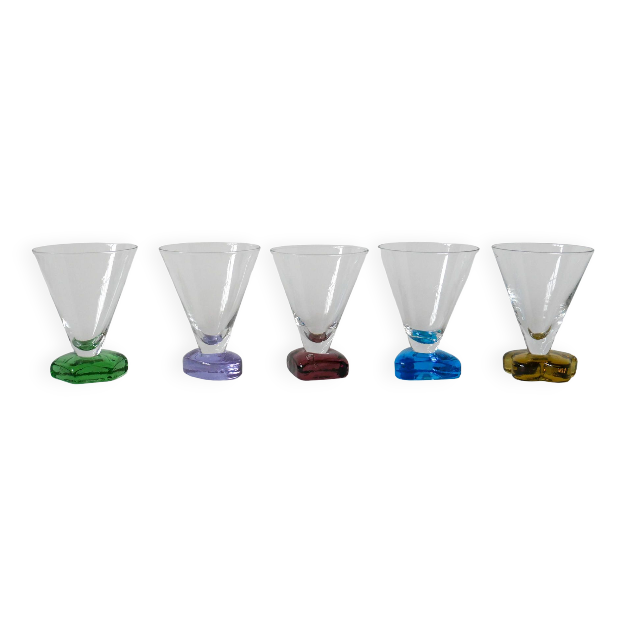 Lot de 5 verres à vin design pieds colorés 1970-1980