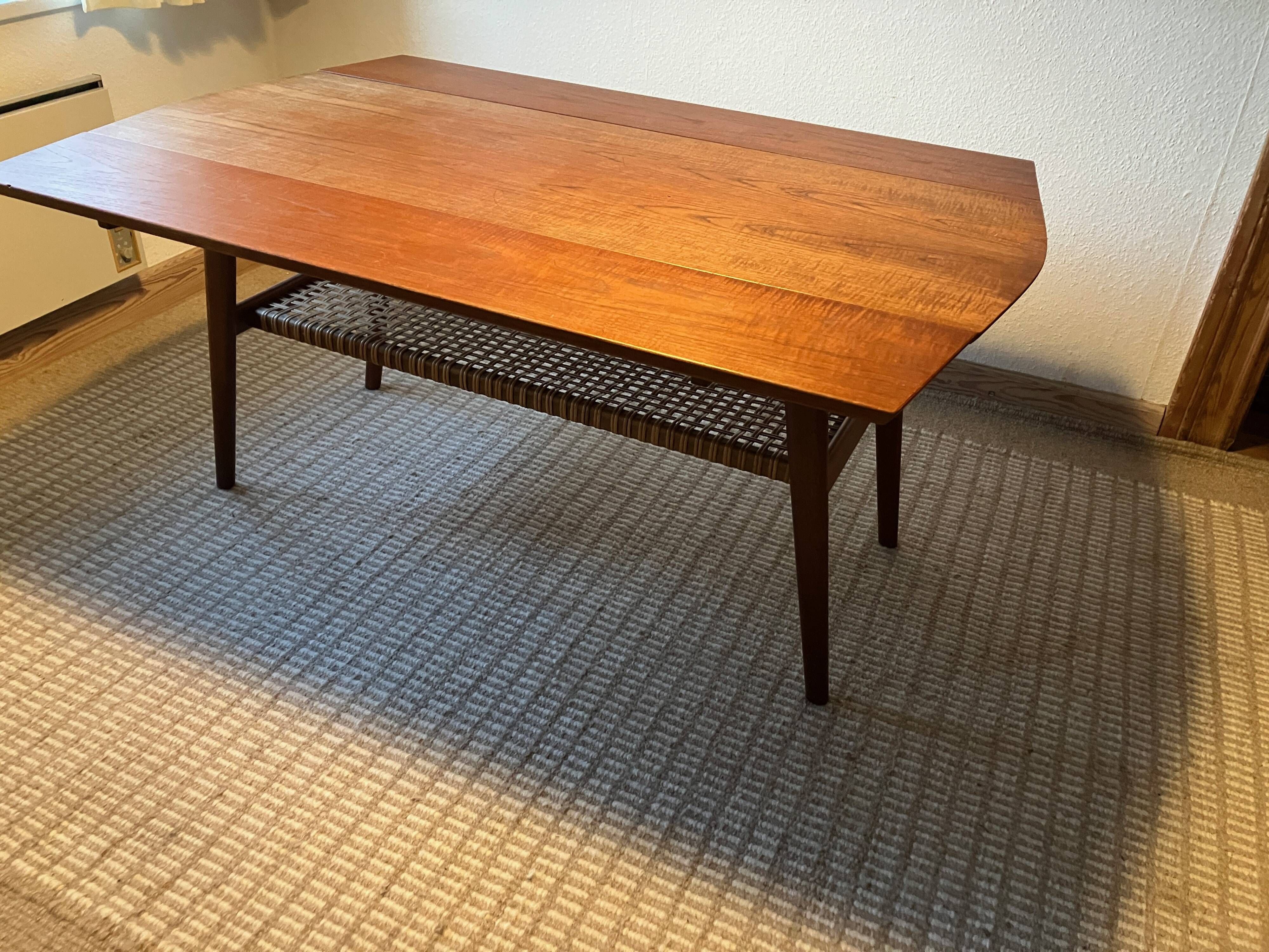 Danish coffee table from the 1960s, in good original condition, teak wood, rattan. by HELTBORG MOBLER