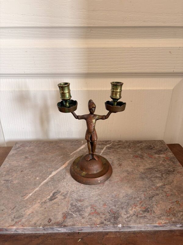 Ancien Bougeoir Chandelier Bronze Cuivre Doré Soldat