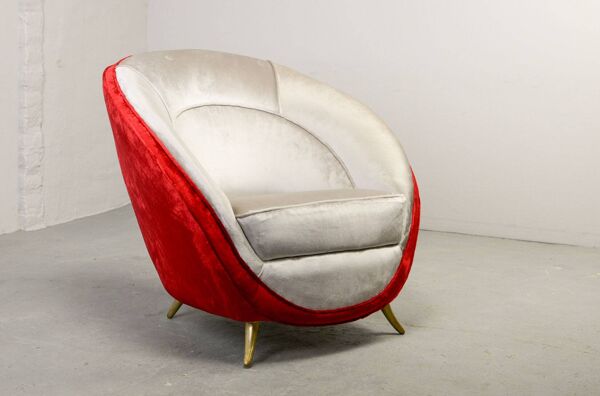 Fauteuil lounge italien Guglielmo Veronesi en velours argenté et rouge pour ISA Bergamo